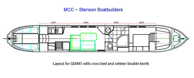 The new layout for the GEM45 2013 with stern galley central shower room and forward crossover bed