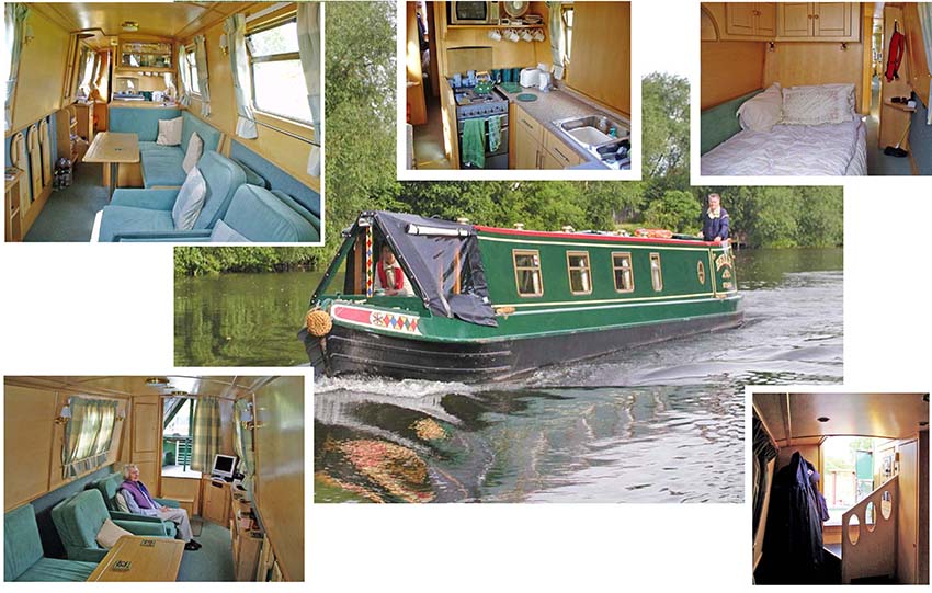 Composite picture of outside and inside views of a 57ft Stenson built narrowboat